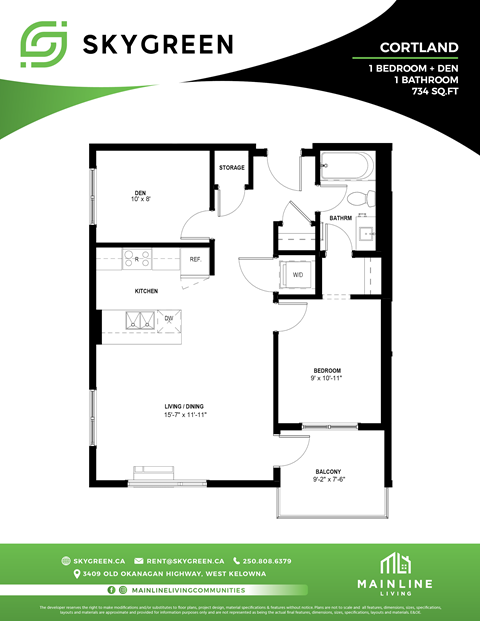Floor plan for 1 bed, 1 bath, 734 sqft